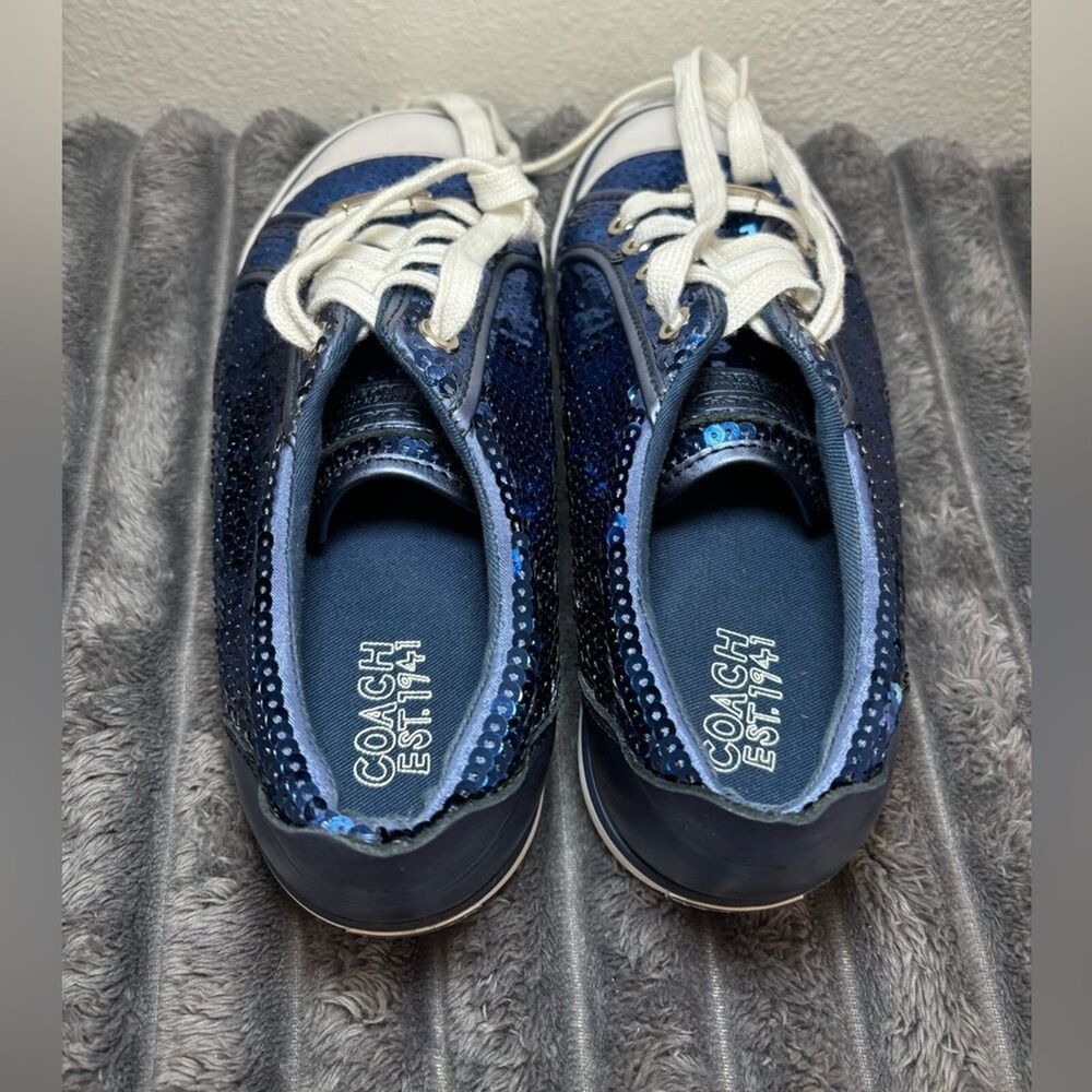 Coach Women's EUC Navy Blue Sequin Sneakers with Navy Leather & white trim. Sz 6 - Picture 7 of 13